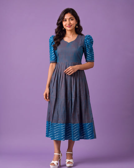 Handloom Ikkat Cotton Frock in Slate Blue Colour with Sky Blue Ikkat Puff Sleeves | Half-Length Lining | Ready to Wea