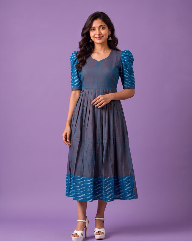 Handloom Ikkat Cotton Frock in Slate Blue Colour with Sky Blue Ikkat Puff Sleeves | Half-Length Lining | Ready to Wea