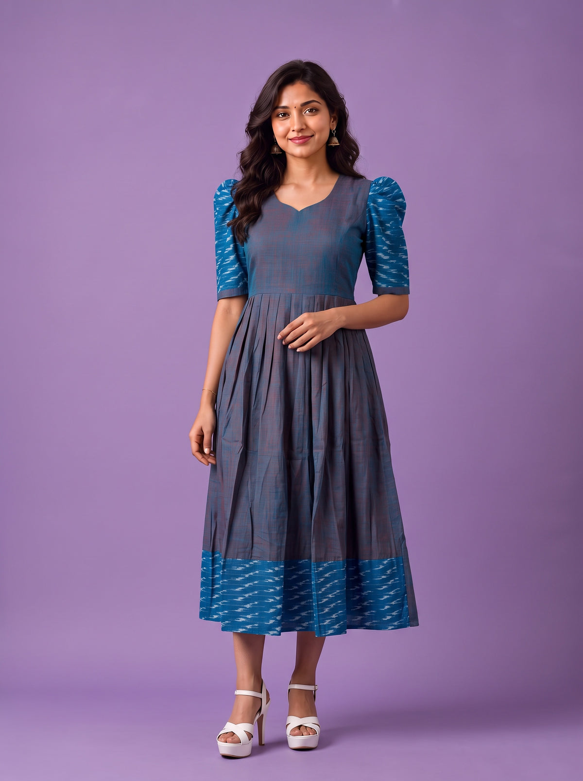 Handloom Ikkat Cotton Frock in Slate Blue Colour with Sky Blue Ikkat Puff Sleeves | Half-Length Lining | Ready to Wea