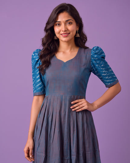 Handloom Ikkat Cotton Frock in Slate Blue Colour with Sky Blue Ikkat Puff Sleeves | Half-Length Lining | Ready to Wea