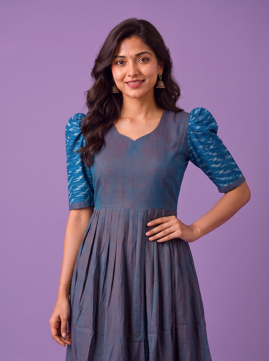 Handloom Ikkat Cotton Frock in Slate Blue Colour with Sky Blue Ikkat Puff Sleeves | Half-Length Lining | Ready to Wea