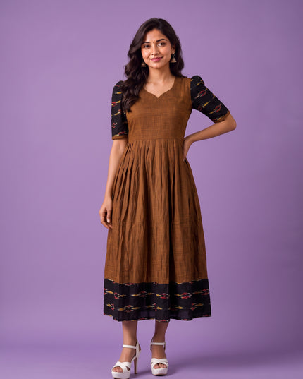 Handloom Ikkat Cotton Frock in Coffee Brown Colour with Black Ikkat Puff Sleeves | Half-Length Lining | Ready to Wear