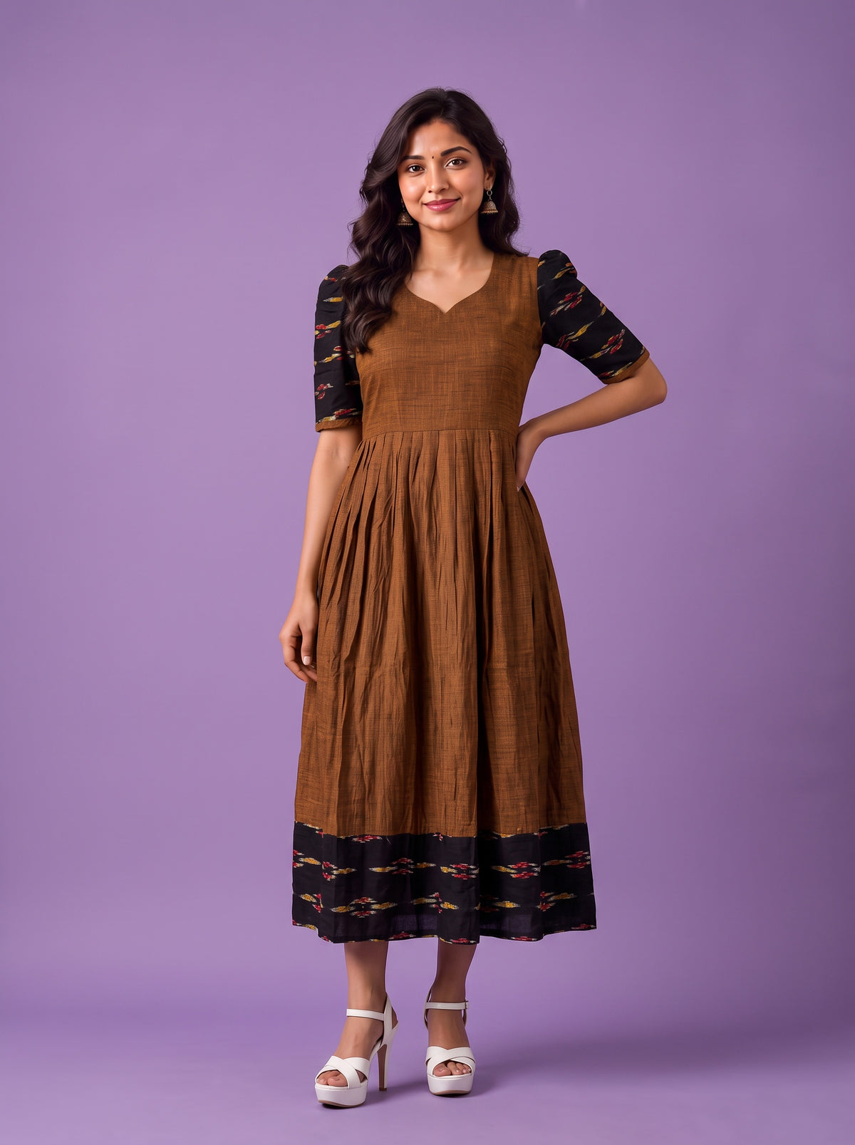 Handloom Ikkat Cotton Frock in Coffee Brown Colour with Black Ikkat Puff Sleeves | Half-Length Lining | Ready to Wear