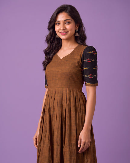Handloom Ikkat Cotton Frock in Coffee Brown Colour with Black Ikkat Puff Sleeves | Half-Length Lining | Ready to Wear