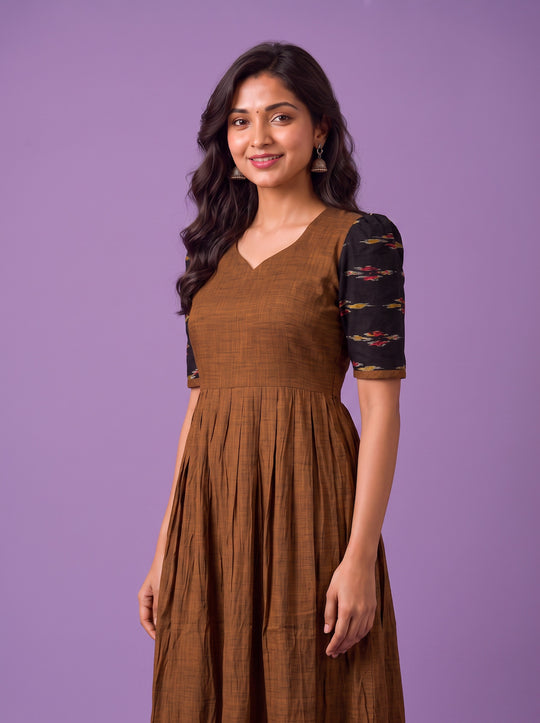 Handloom Ikkat Cotton Frock in Coffee Brown Colour with Black Ikkat Puff Sleeves | Half-Length Lining | Ready to Wear