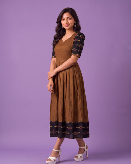 Handloom Ikkat Cotton Frock in Coffee Brown Colour with Black Ikkat Puff Sleeves | Half-Length Lining | Ready to Wear