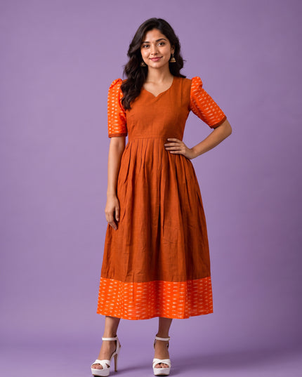 Handloom Ikkat Cotton Frock in Rust Brown Colour with Orange Ikkat Puff Sleeves | Half-Length Lining | Ready to Wear