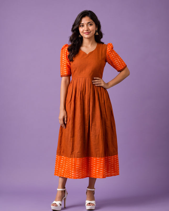 Handloom Ikkat Cotton Frock in Rust Brown Colour with Orange Ikkat Puff Sleeves | Half-Length Lining | Ready to Wear