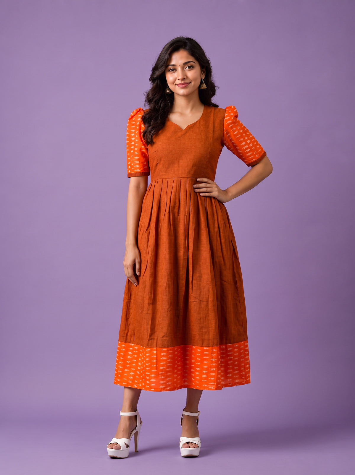 Handloom Ikkat Cotton Frock in Rust Brown Colour with Orange Ikkat Puff Sleeves | Half-Length Lining | Ready to Wear