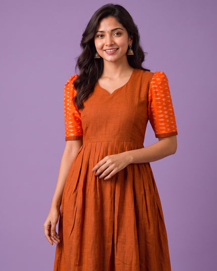 Handloom Ikkat Cotton Frock in Rust Brown Colour with Orange Ikkat Puff Sleeves | Half-Length Lining | Ready to Wear