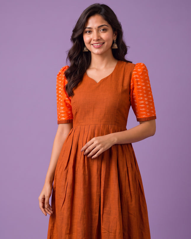 Handloom Ikkat Cotton Frock in Rust Brown Colour with Orange Ikkat Puff Sleeves | Half-Length Lining | Ready to Wear