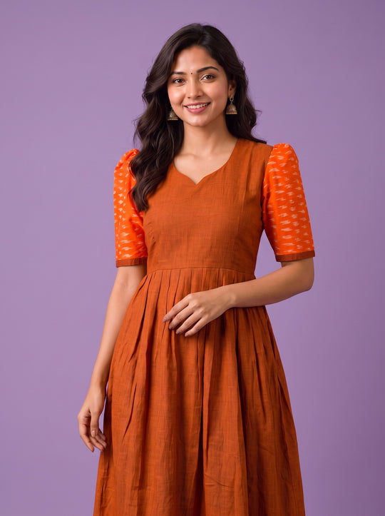 Handloom Ikkat Cotton Frock in Rust Brown Colour with Orange Ikkat Puff Sleeves | Half-Length Lining | Ready to Wear