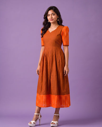 Handloom Ikkat Cotton Frock in Rust Brown Colour with Orange Ikkat Puff Sleeves | Half-Length Lining | Ready to Wear
