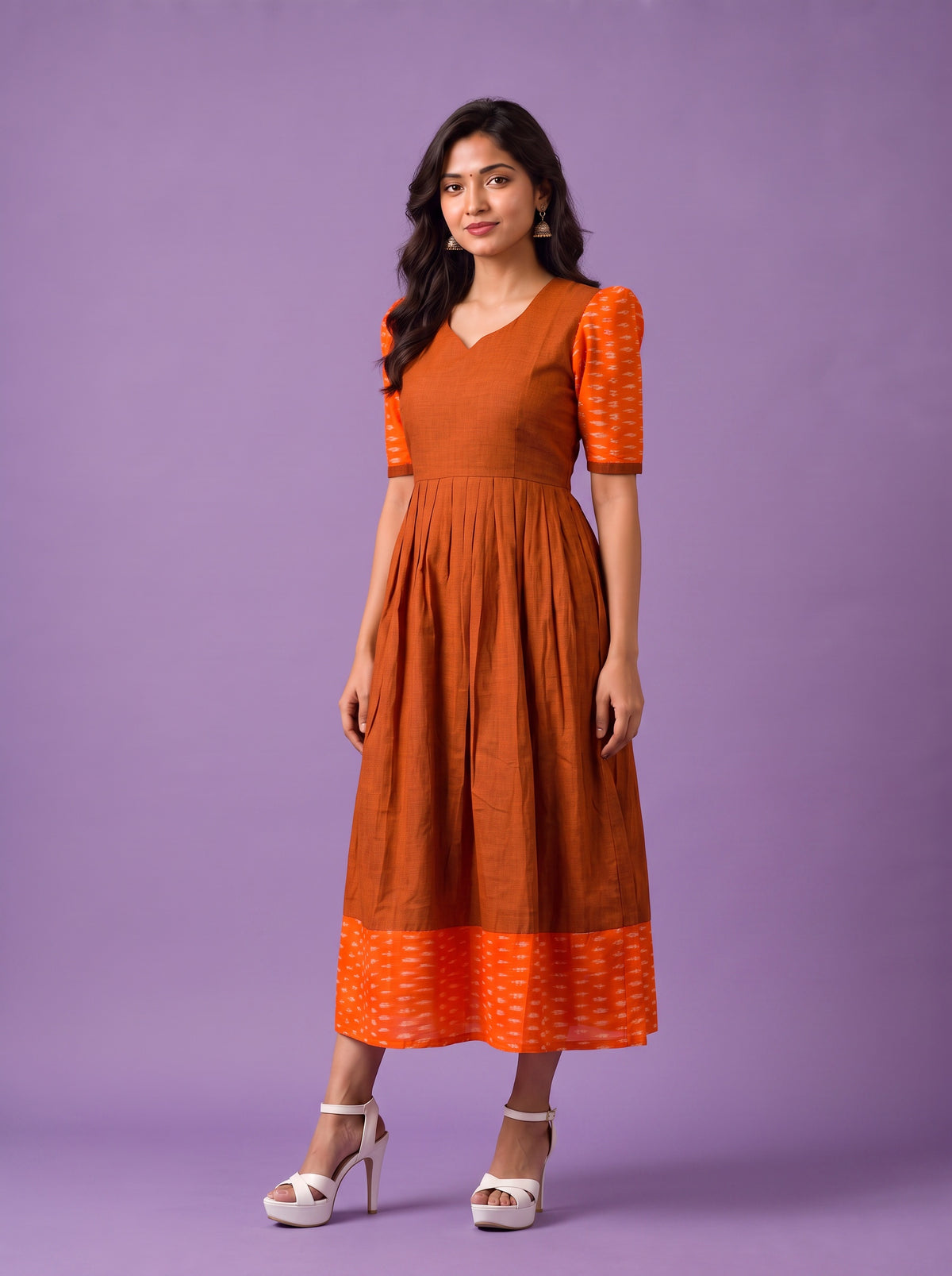 Handloom Ikkat Cotton Frock in Rust Brown Colour with Orange Ikkat Puff Sleeves | Half-Length Lining | Ready to Wear