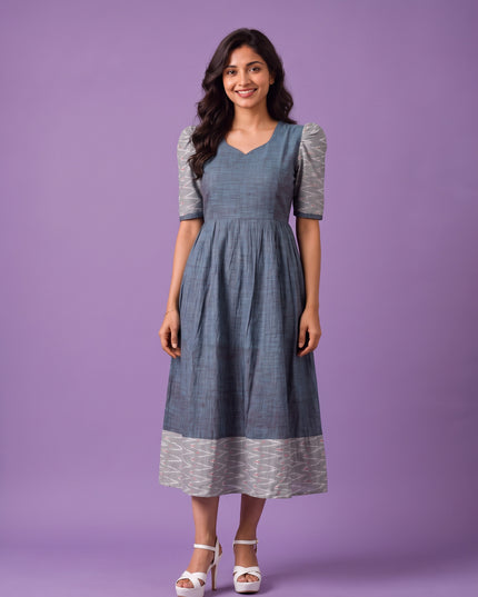 Handloom Ikkat Cotton Frock in Slate Blue Colour with Silver Grey Ikkat Puff Sleeves | Half-Length Lining | Ready to Wear