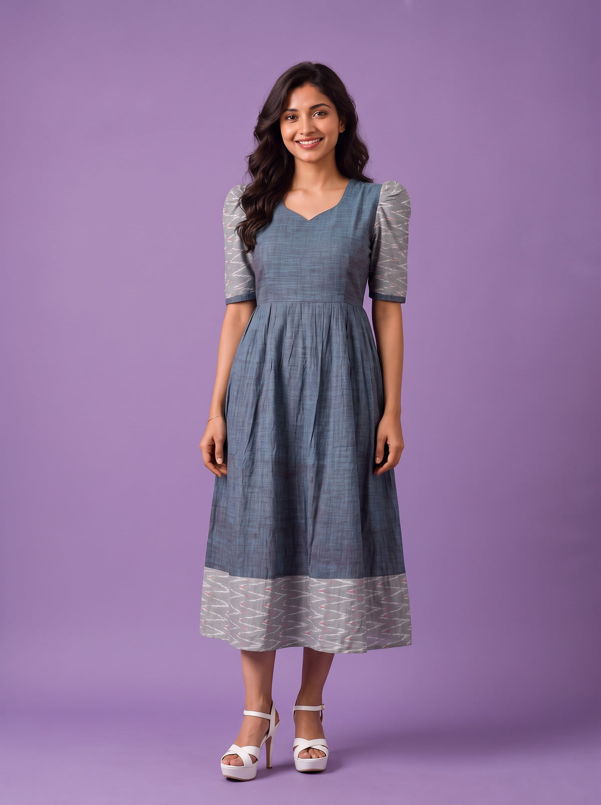 Handloom Ikkat Cotton Frock in Slate Blue Colour with Silver Grey Ikkat Puff Sleeves | Half-Length Lining | Ready to Wear