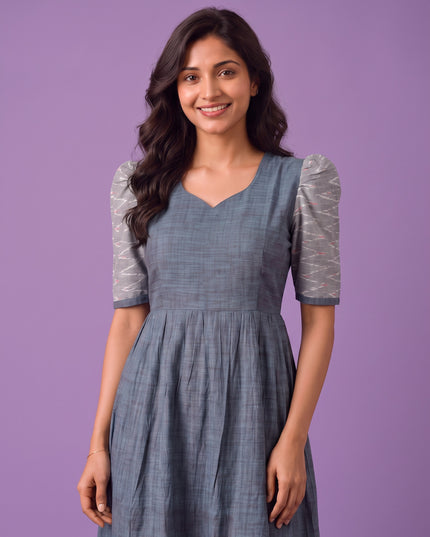 Handloom Ikkat Cotton Frock in Slate Blue Colour with Silver Grey Ikkat Puff Sleeves | Half-Length Lining | Ready to Wear