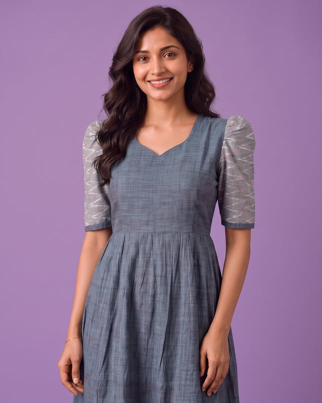 Handloom Ikkat Cotton Frock in Slate Blue Colour with Silver Grey Ikkat Puff Sleeves | Half-Length Lining | Ready to Wear