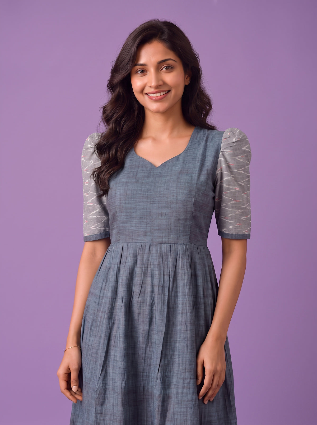 Handloom Ikkat Cotton Frock in Slate Blue Colour with Silver Grey Ikkat Puff Sleeves | Half-Length Lining | Ready to Wear