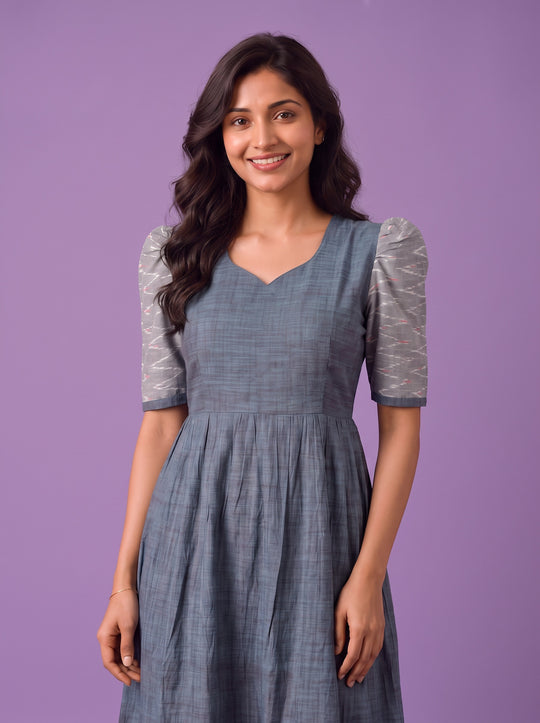 Handloom Ikkat Cotton Frock in Slate Blue Colour with Silver Grey Ikkat Puff Sleeves | Half-Length Lining | Ready to Wear