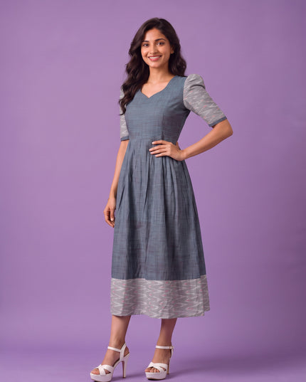Handloom Ikkat Cotton Frock in Slate Blue Colour with Silver Grey Ikkat Puff Sleeves | Half-Length Lining | Ready to Wear