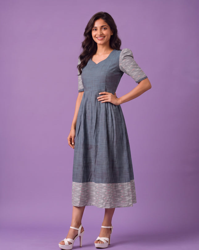 Handloom Ikkat Cotton Frock in Slate Blue Colour with Silver Grey Ikkat Puff Sleeves | Half-Length Lining | Ready to Wear