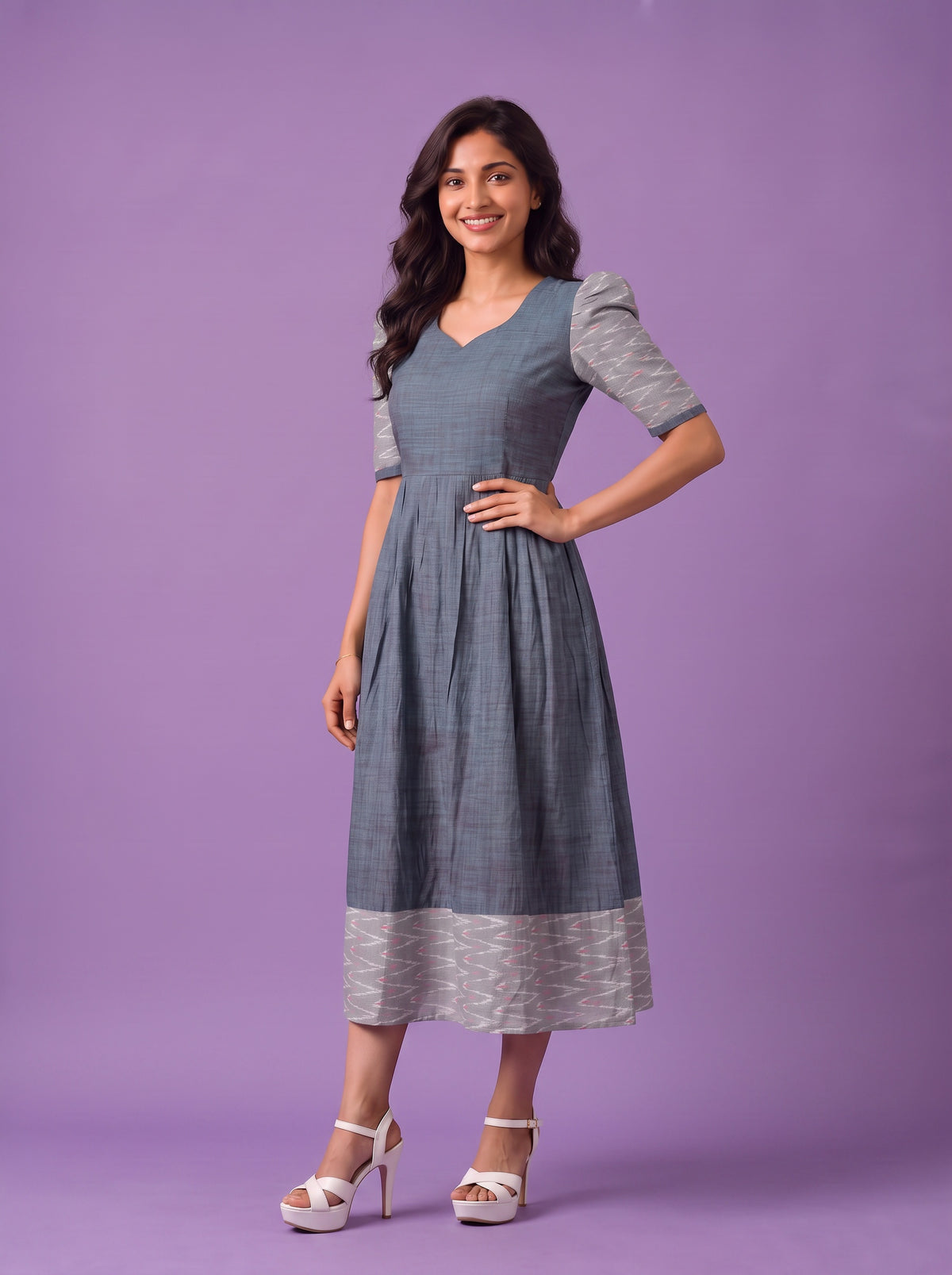 Handloom Ikkat Cotton Frock in Slate Blue Colour with Silver Grey Ikkat Puff Sleeves | Half-Length Lining | Ready to Wear