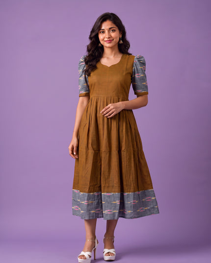 Handloom Ikkat Cotton Frock in Rust Brown Colour with Grey Ikkat Puff Sleeves | Half-Length Lining | Ready to Wear