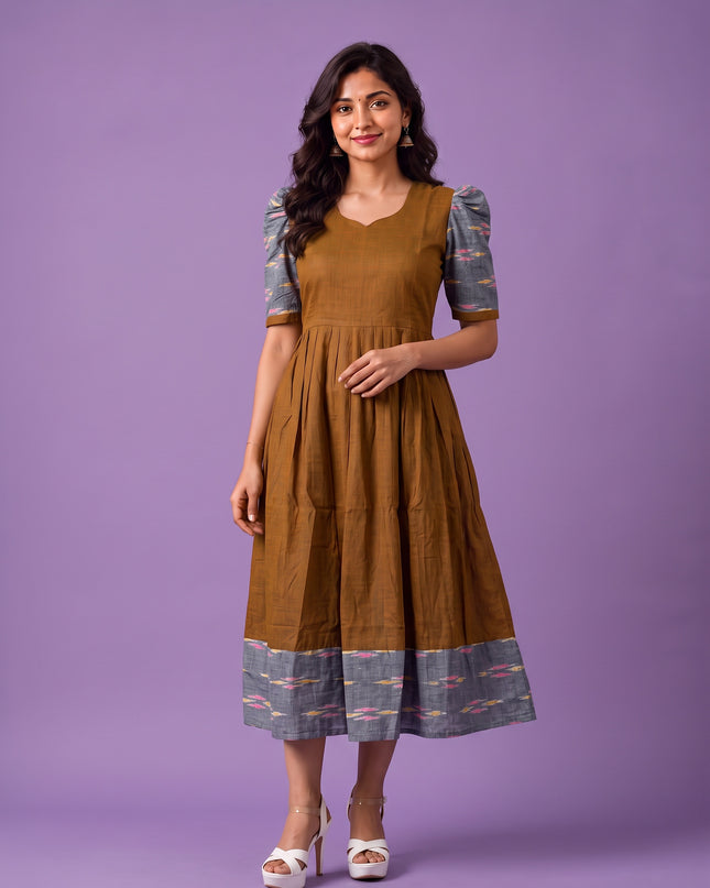 Handloom Ikkat Cotton Frock in Rust Brown Colour with Grey Ikkat Puff Sleeves | Half-Length Lining | Ready to Wear