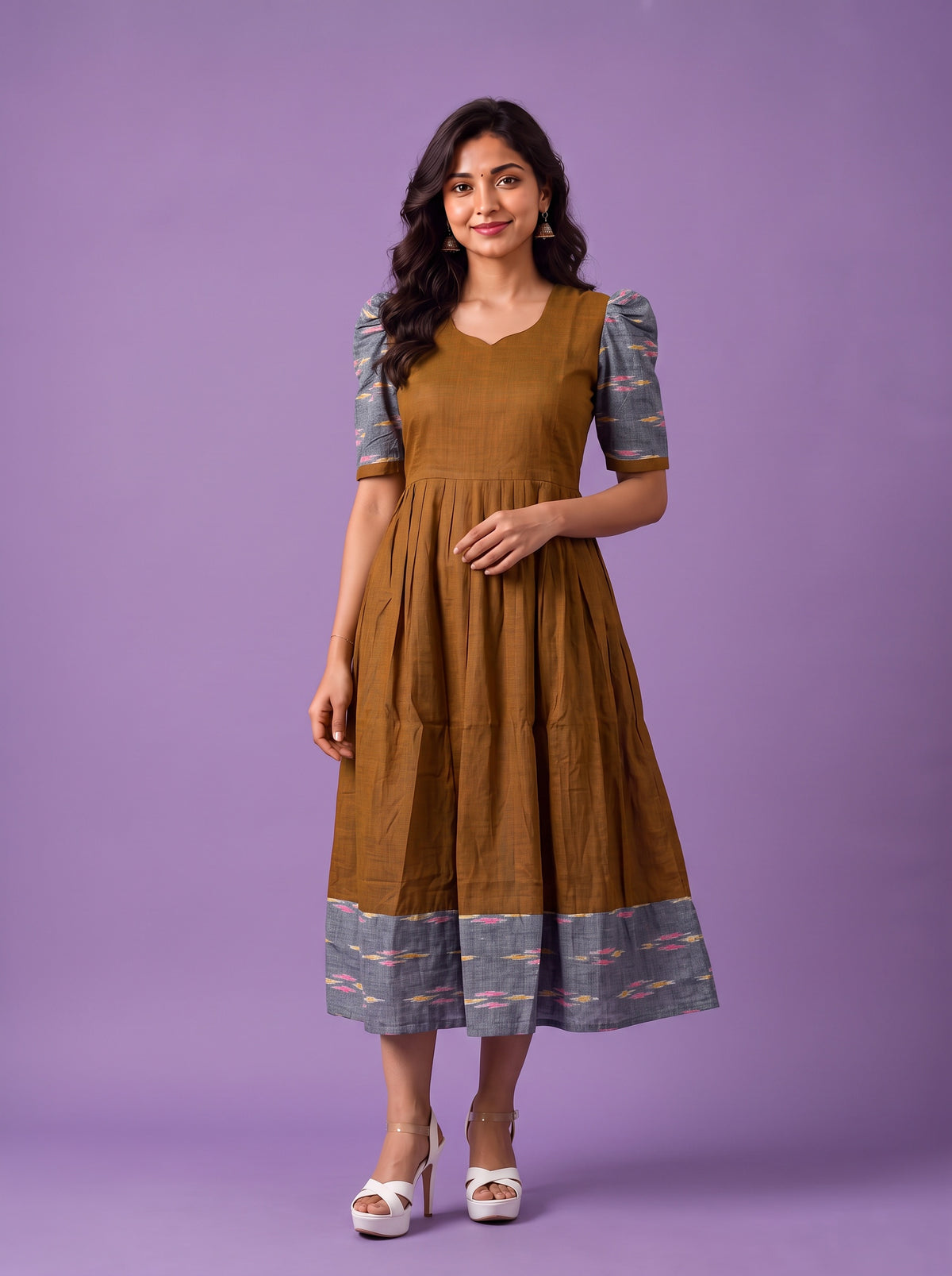 Handloom Ikkat Cotton Frock in Rust Brown Colour with Grey Ikkat Puff Sleeves | Half-Length Lining | Ready to Wear