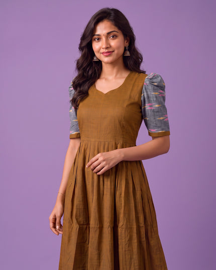 Handloom Ikkat Cotton Frock in Rust Brown Colour with Grey Ikkat Puff Sleeves | Half-Length Lining | Ready to Wear