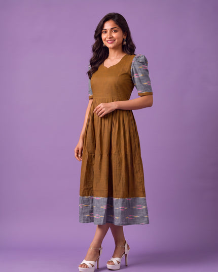 Handloom Ikkat Cotton Frock in Rust Brown Colour with Grey Ikkat Puff Sleeves | Half-Length Lining | Ready to Wear