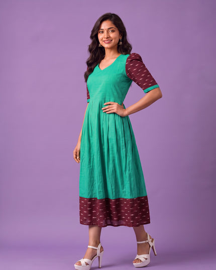 Handloom Ikkat Cotton Frock in Aqua Green Colour with Maroon Ikkat Puff Sleeves | Half-Length Lining | Ready to Wear