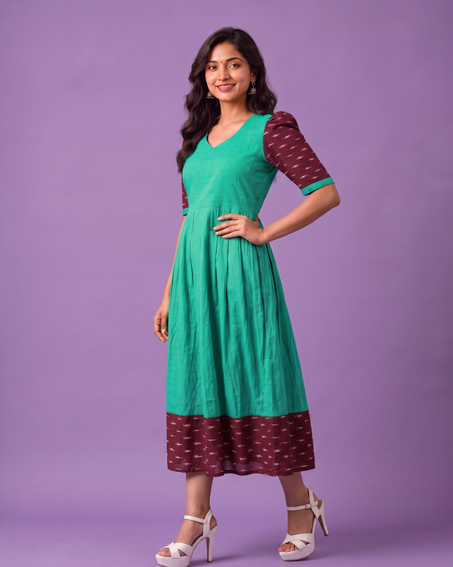 Handloom Ikkat Cotton Frock in Aqua Green Colour with Maroon Ikkat Puff Sleeves | Half-Length Lining | Ready to Wear
