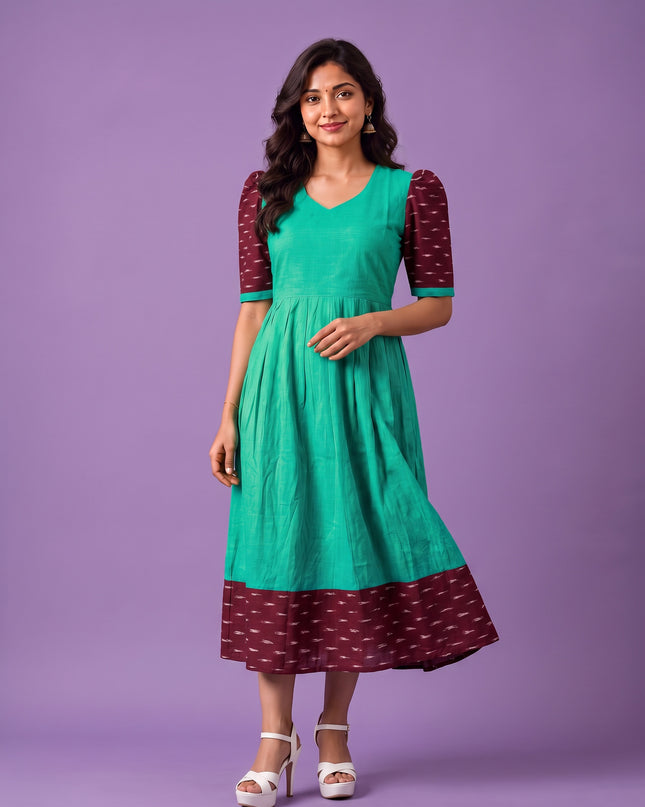 Handloom Ikkat Cotton Frock in Aqua Green Colour with Maroon Ikkat Puff Sleeves | Half-Length Lining | Ready to Wear