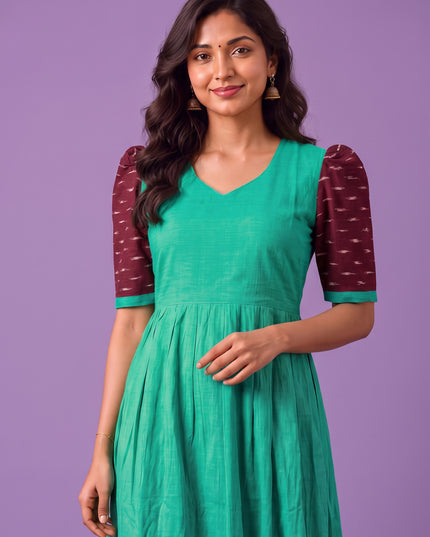 Handloom Ikkat Cotton Frock in Aqua Green Colour with Maroon Ikkat Puff Sleeves | Half-Length Lining | Ready to Wear