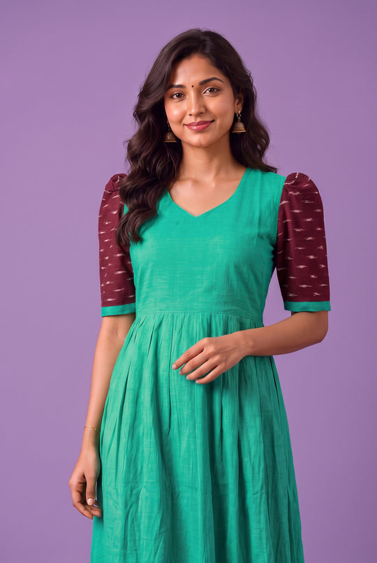 Handloom Ikkat Cotton Frock in Aqua Green Colour with Maroon Ikkat Puff Sleeves | Half-Length Lining | Ready to Wear