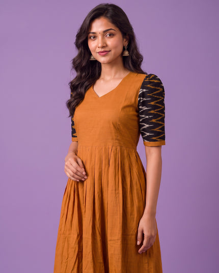 Handloom Ikkat Cotton Frock in Mustard Brown Colour with Black Ikkat Puff Sleeves | Half-Length Lining | Ready to Wear