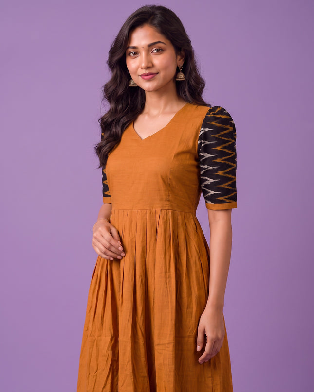 Handloom Ikkat Cotton Frock in Mustard Brown Colour with Black Ikkat Puff Sleeves | Half-Length Lining | Ready to Wear