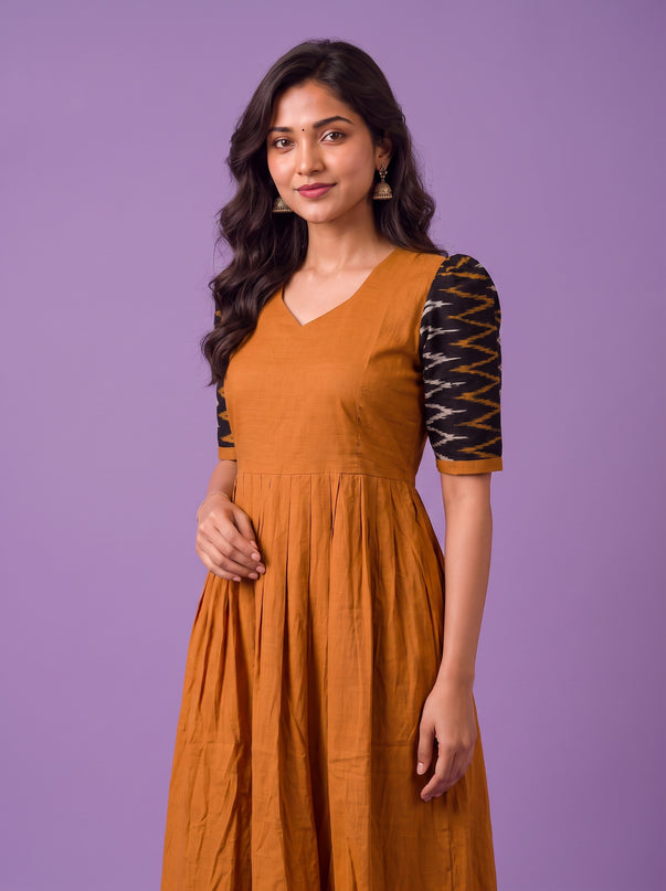 Handloom Ikkat Cotton Frock in Mustard Brown Colour with Black Ikkat Puff Sleeves | Half-Length Lining | Ready to Wear