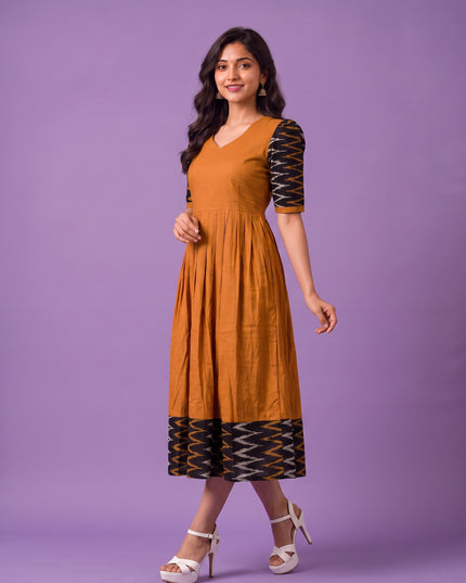 Handloom Ikkat Cotton Frock in Mustard Brown Colour with Black Ikkat Puff Sleeves | Half-Length Lining | Ready to Wear