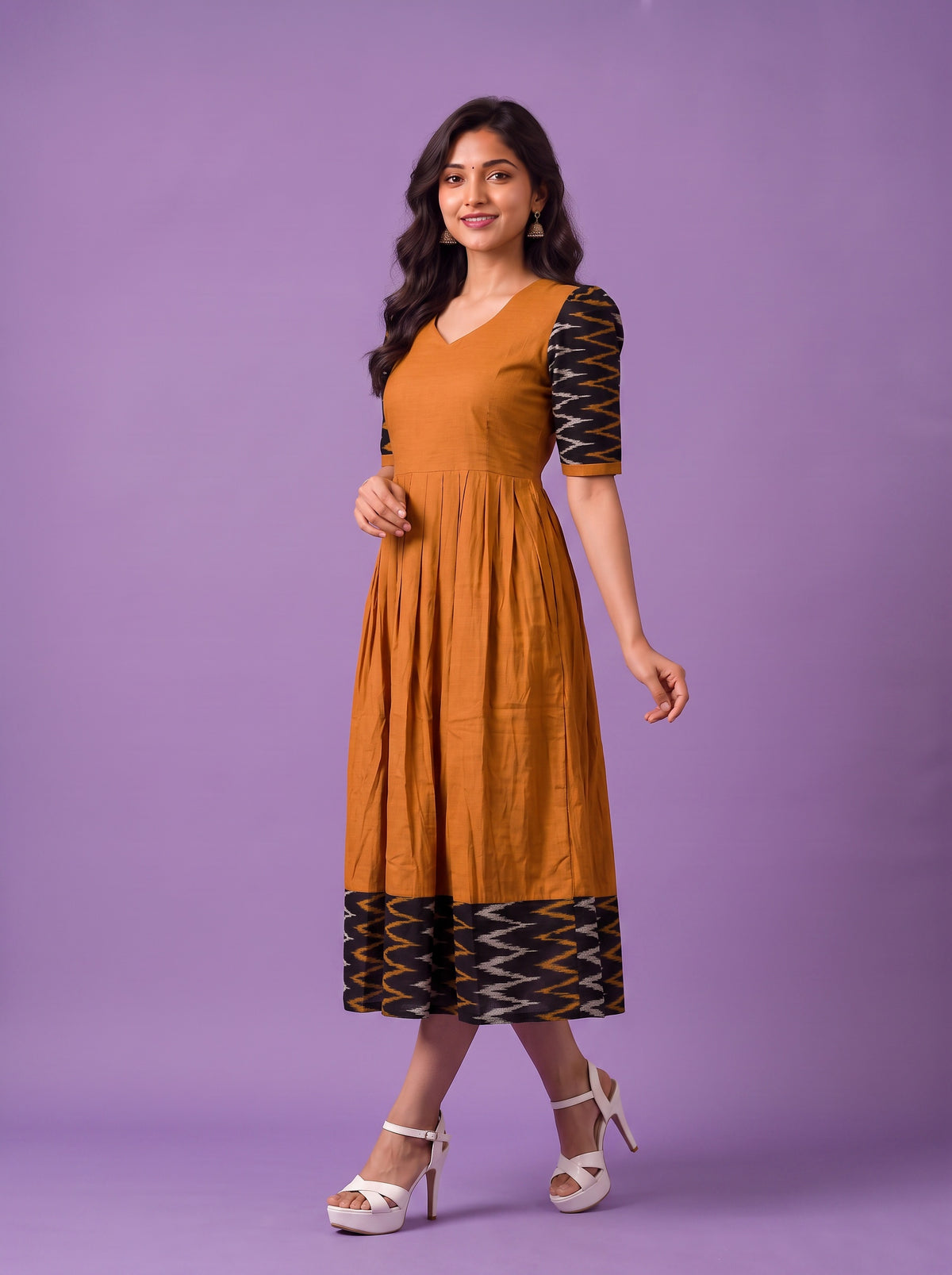 Handloom Ikkat Cotton Frock in Mustard Brown Colour with Black Ikkat Puff Sleeves | Half-Length Lining | Ready to Wear