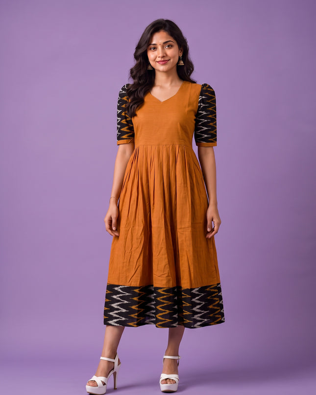 Handloom Ikkat Cotton Frock in Mustard Brown Colour with Black Ikkat Puff Sleeves | Half-Length Lining | Ready to Wear