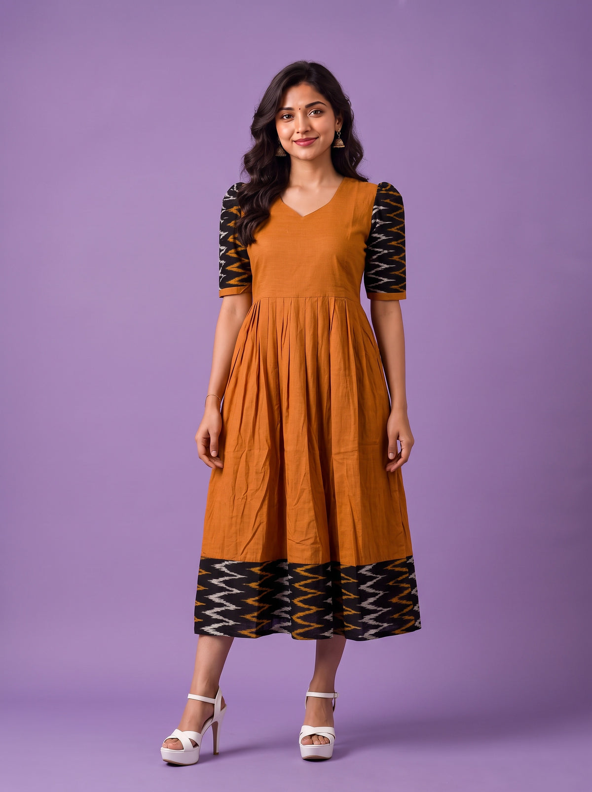 Handloom Ikkat Cotton Frock in Mustard Brown Colour with Black Ikkat Puff Sleeves | Half-Length Lining | Ready to Wear