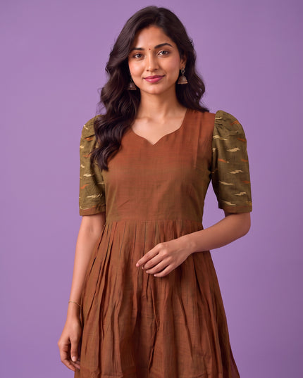 Handloom Ikkat Cotton Frock in Coffee Brown Colour with Olive Green Ikkat Puff Sleeves | Half-Length Lining | Ready to Wear