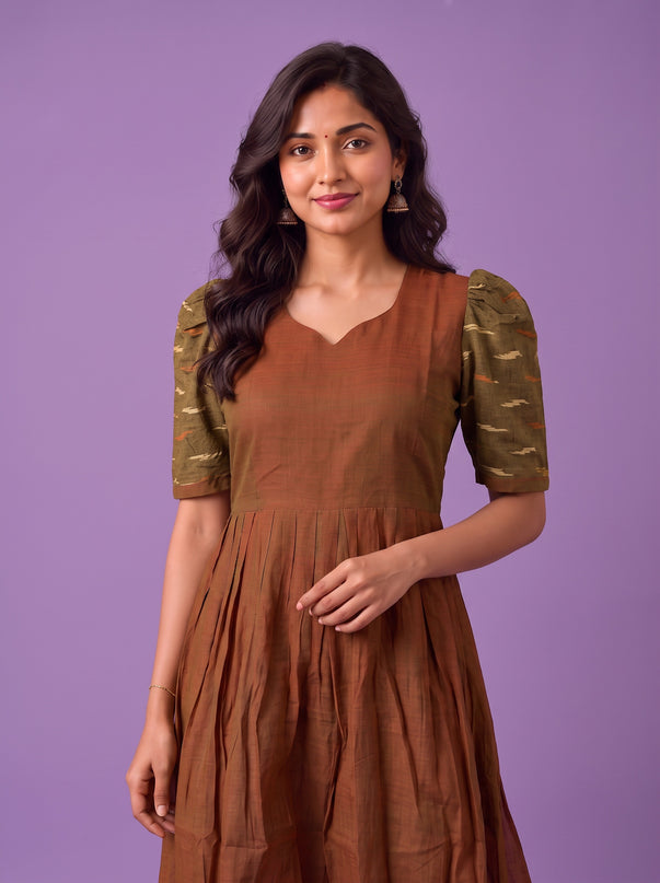Handloom Ikkat Cotton Frock in Coffee Brown Colour with Olive Green Ikkat Puff Sleeves | Half-Length Lining | Ready to Wear