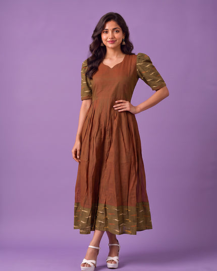 Handloom Ikkat Cotton Frock in Coffee Brown Colour with Olive Green Ikkat Puff Sleeves | Half-Length Lining | Ready to Wear