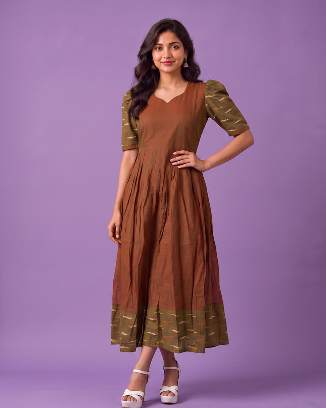 Handloom Ikkat Cotton Frock in Coffee Brown Colour with Olive Green Ikkat Puff Sleeves | Half-Length Lining | Ready to Wear