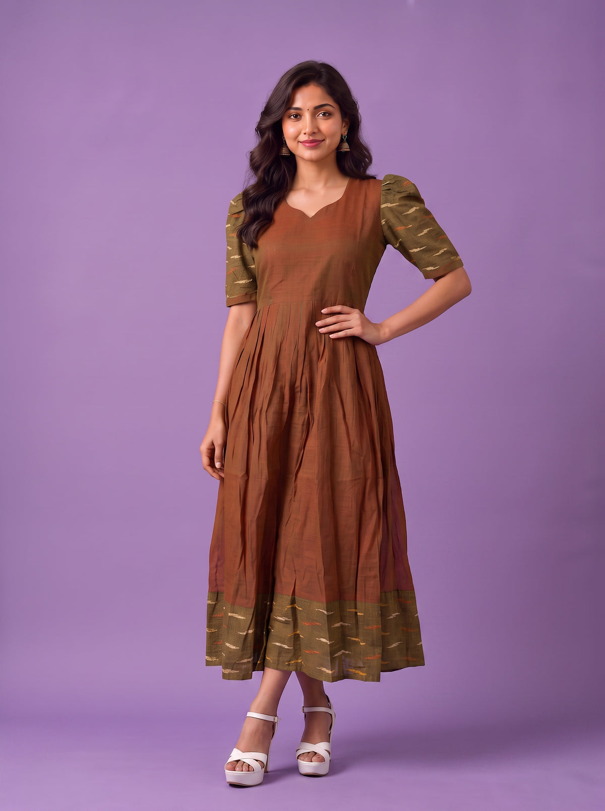 Handloom Ikkat Cotton Frock in Coffee Brown Colour with Olive Green Ikkat Puff Sleeves | Half-Length Lining | Ready to Wear