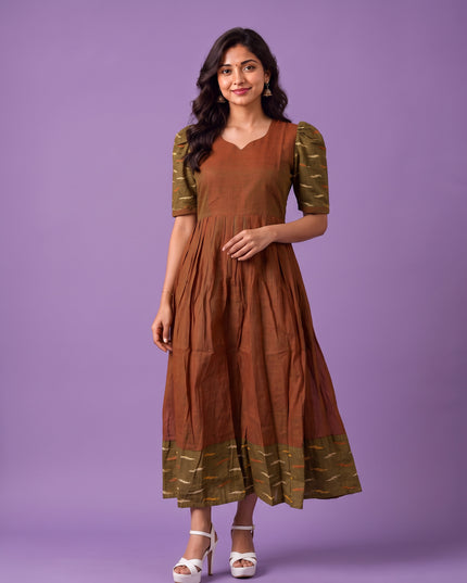 Handloom Ikkat Cotton Frock in Coffee Brown Colour with Olive Green Ikkat Puff Sleeves | Half-Length Lining | Ready to Wear
